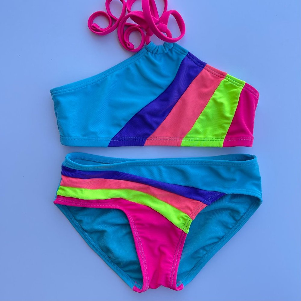 Girls Size 7 Justice Halter Neon Swimsuit Bikini 2 piece